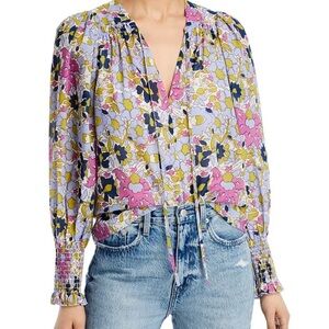 Rebecca Taylor Cream Blouse with 3/4 Sleeves and Smocked Tie Front Size Small